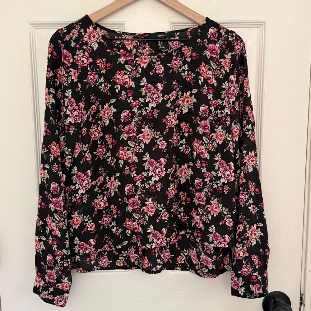 Forever 21 Blouse Womens Black Pink Rose Floral Sheer Top Large Whimsigoth Moody